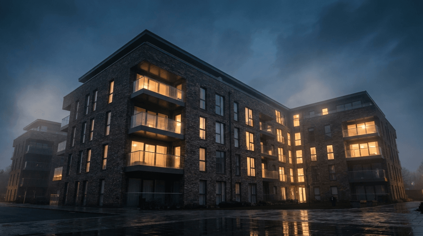 Modern British residential development at dusk with lit windows
